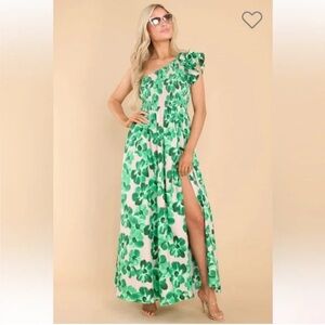 Aakaa Touch Of Paradise Green Floral Smocked One Shoulder Maxi Dress - Worn once